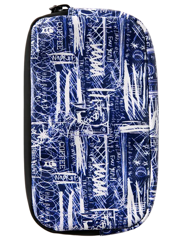 A zippered Cycling Wallet featuring a blue and white abstract graffiti-style pattern with text elements, shown against a plain white background.