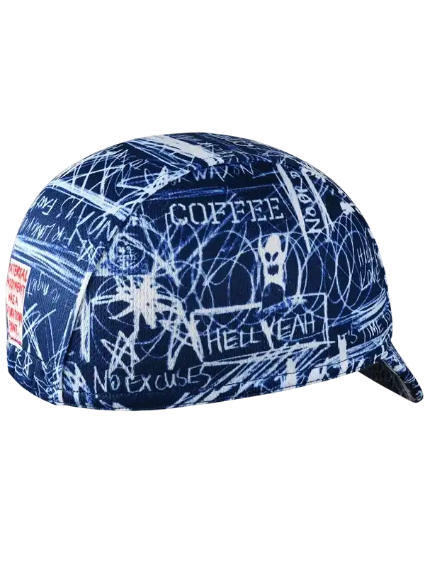 Blue cycling cap with white graffiti-style print, featuring 'COFFEE' and 'HELL YEAH' text for bike riders.