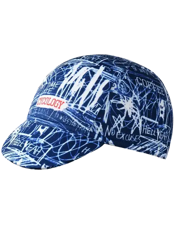 Blue cycling cap with white graffiti-style print, 'Cycology' logo, and motivational phrases for cyclists.