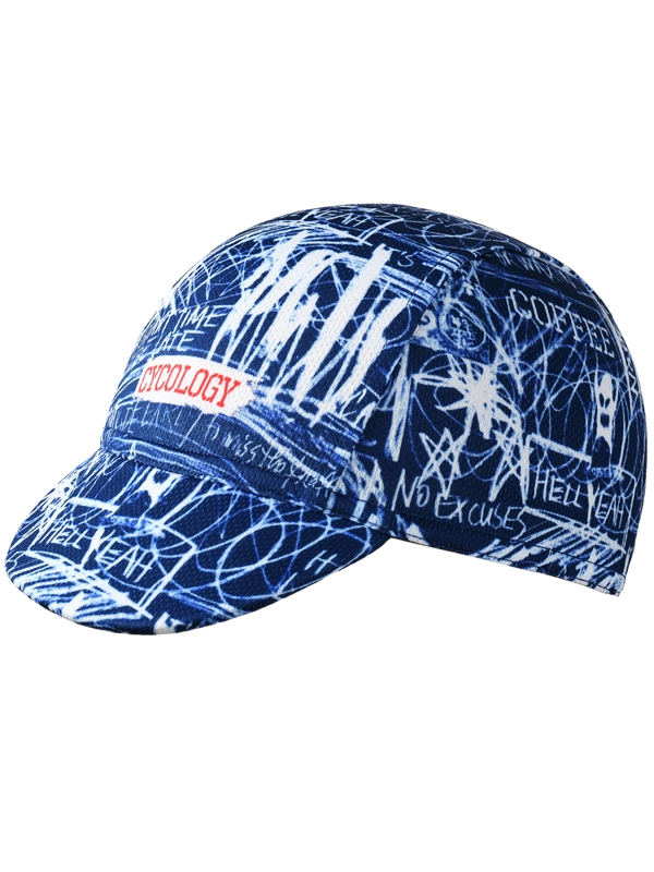 Blue cycling cap with white text and graphics 
