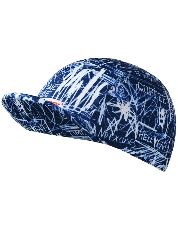 Blue cycling cap with white text and graphics 