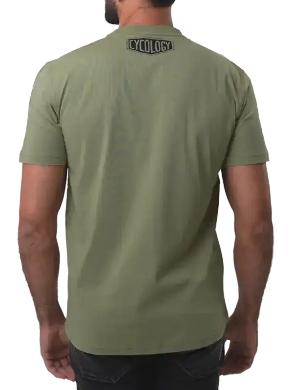 Olive green cycling t-shirt with 'Cycology' logo on back, ideal for men's outdoor rides