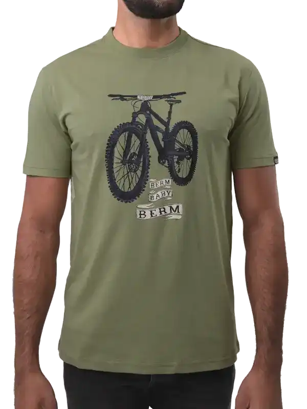 Men's olive green cycling t-shirt with mountain bike graphic and 'Berm Baby Berm' text, ideal for trail riders.