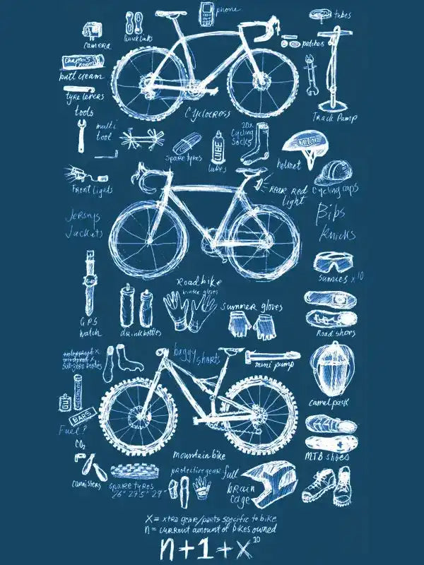 Cycling gear blueprint with road, mountain bikes, helmets, gloves, and accessories for men and women riders.