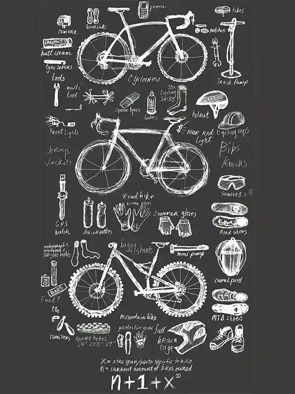 Cycling gear diagram with road, mountain bikes, helmets, bibs, gloves, and accessories sketched on chalkboard