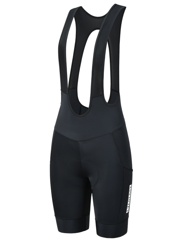 Black quick pee women's cycling bib shorts with integrated shoulder straps, shown from the back on a plain white background. A small white vertical brand logo is visible on the lower right leg cargo pocket