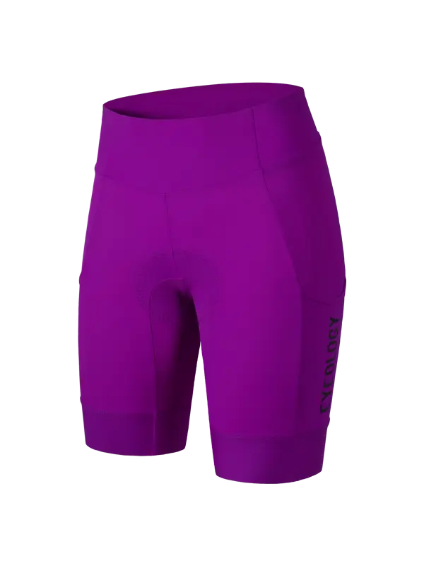 Purple high-waisted cycling shorts with a padded seat and a vertical black 'CYCOLGY' logo on the lower left leg, shown against a plain white background.