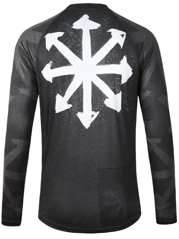 Men's black cycling jersey with white arrow star graphic, long sleeves, rear pocket