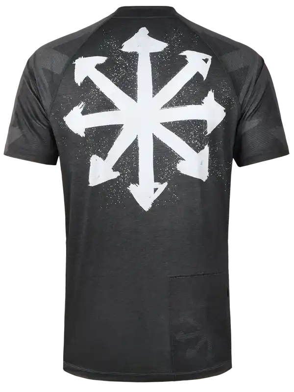 Black cycling jersey with white starburst arrow design, rear view