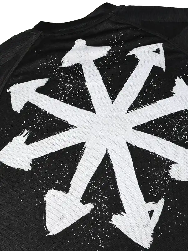 Black cycling jersey with bold white arrow graphic design, ideal for men's and women's rides