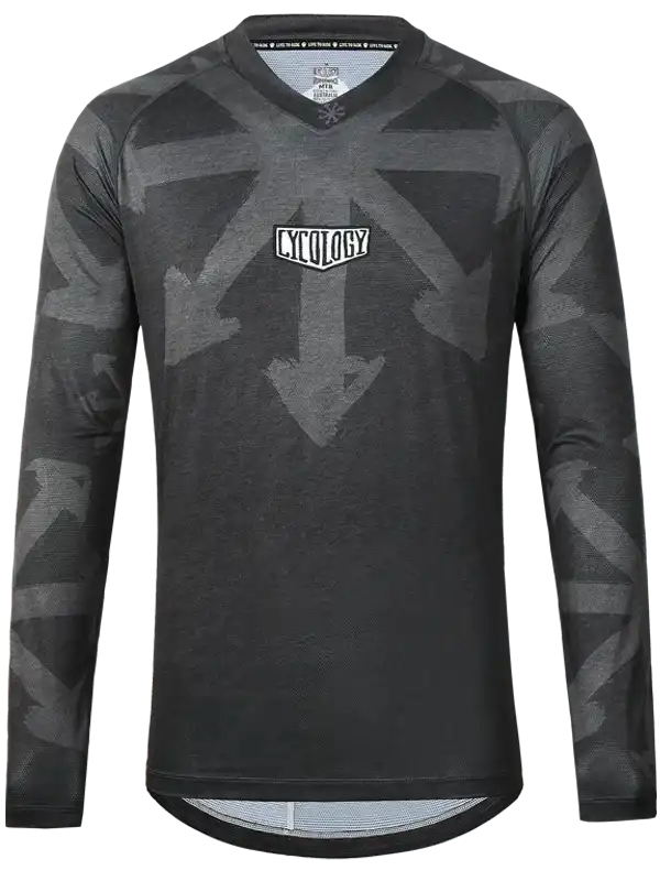 Men's black long sleeve cycling jersey with arrow print and V-neck, ideal for road or mountain biking