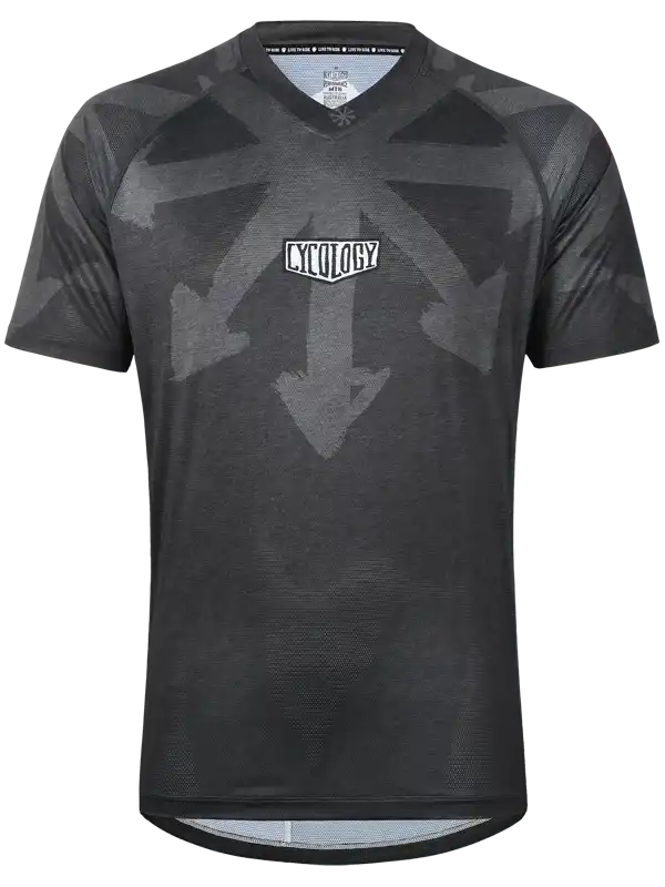 Men's black cycling jersey with geometric arrow design and brand logo, ideal for road biking