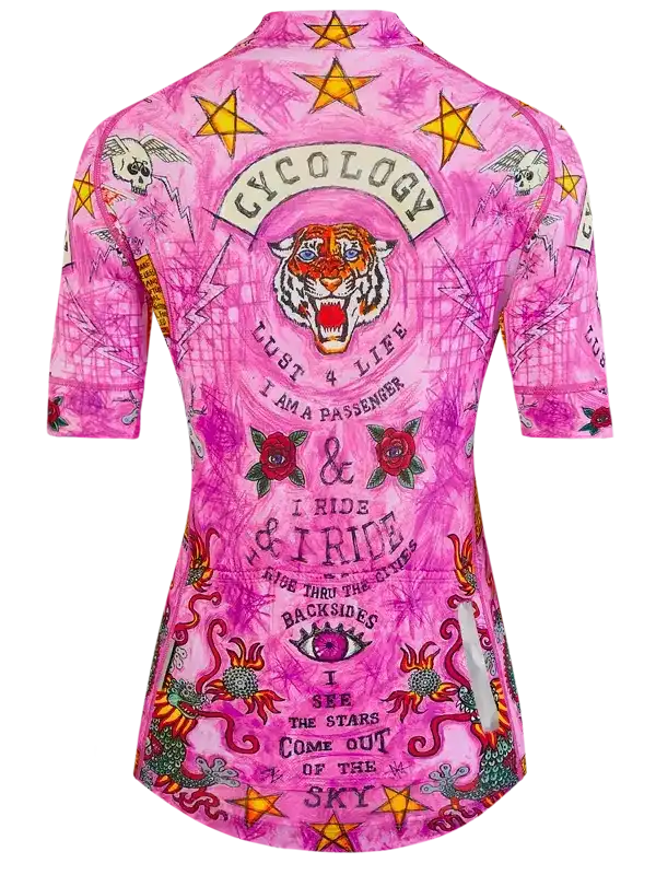 Pink women's cycling jersey with tiger, stars, and bold graphics for road bike rides