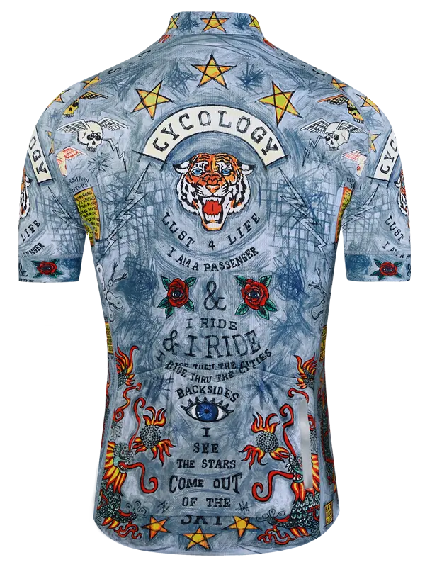 Grey men's cycling jersey with colorful designs and text 
