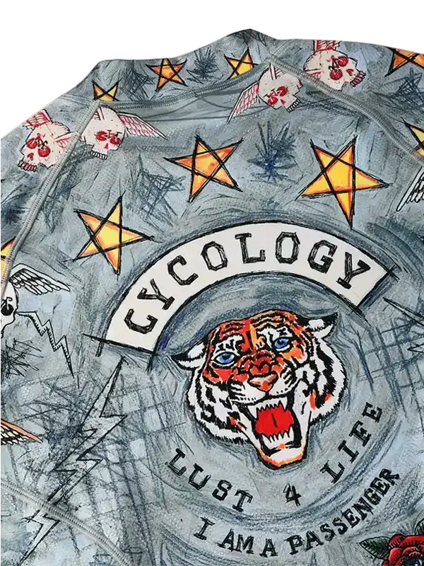Men's cycling jersey with tiger graphic, stars, and 'Cycology' logo on gray background