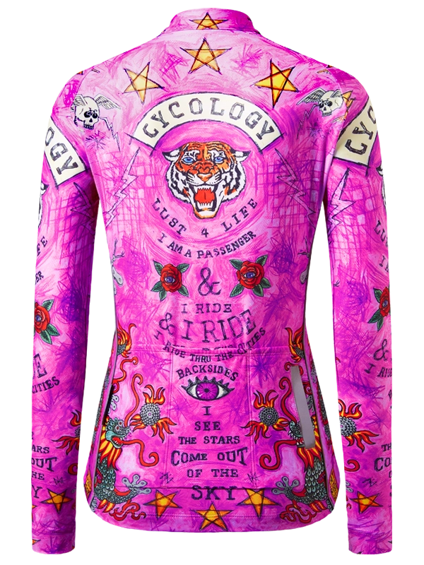Pink long sleeve cycling jersey with a tiger and graphic designs