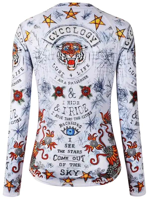 Women's long sleeve cycling jersey with tiger, stars, roses, and bold graphics for road or mountain biking