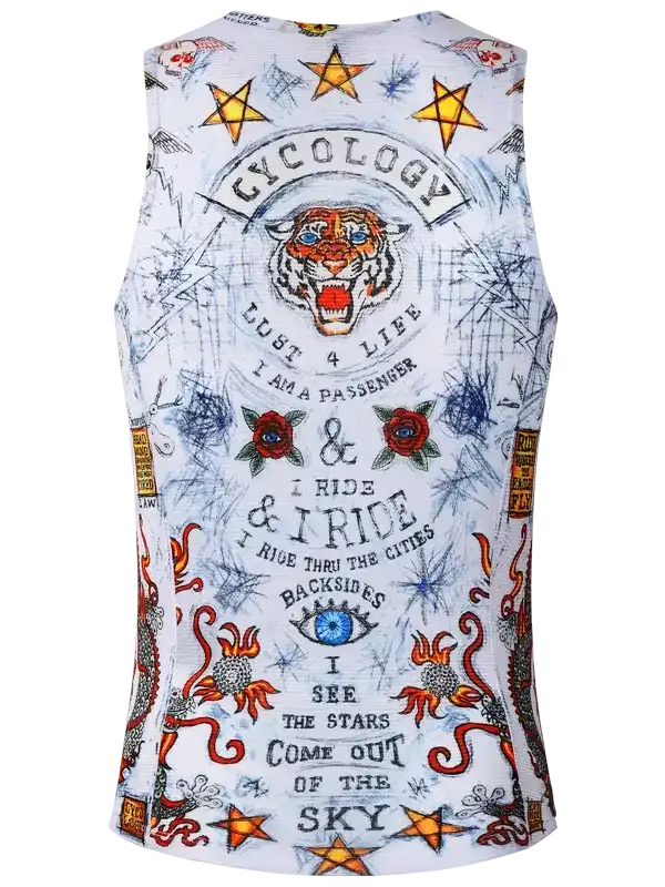 Men's cycling vest with tiger, stars, and bold graphics for urban rides