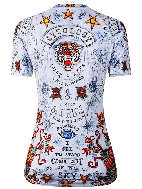Women's cycling jersey with tiger, stars, roses, and bold text design for road rides