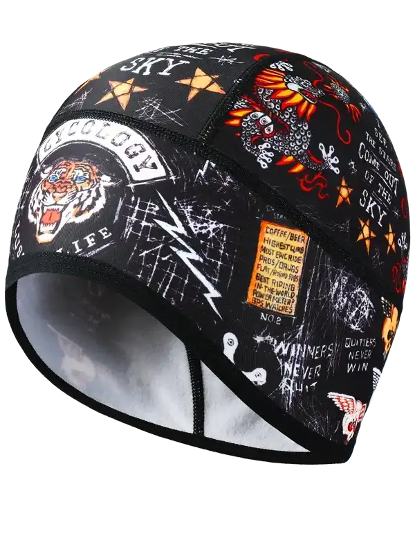 Black cycling skull cap with tiger, dragon, and bold graphics for men's and women's bike rides