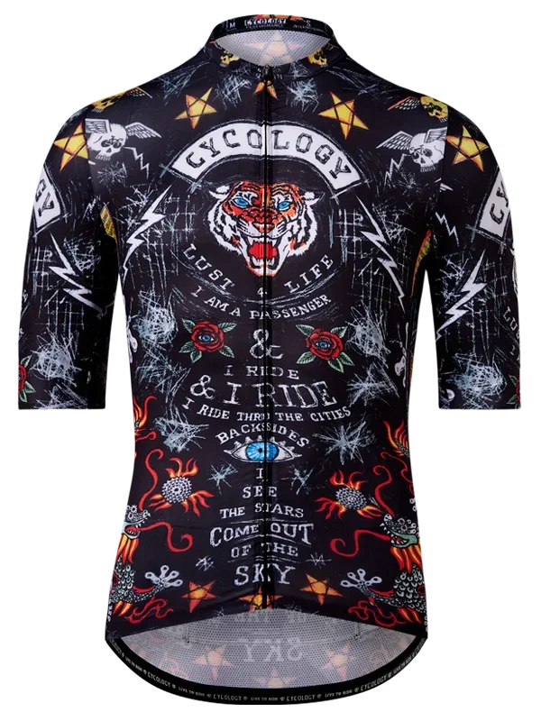 Cycling jersey with intricate designs and text on a black background
