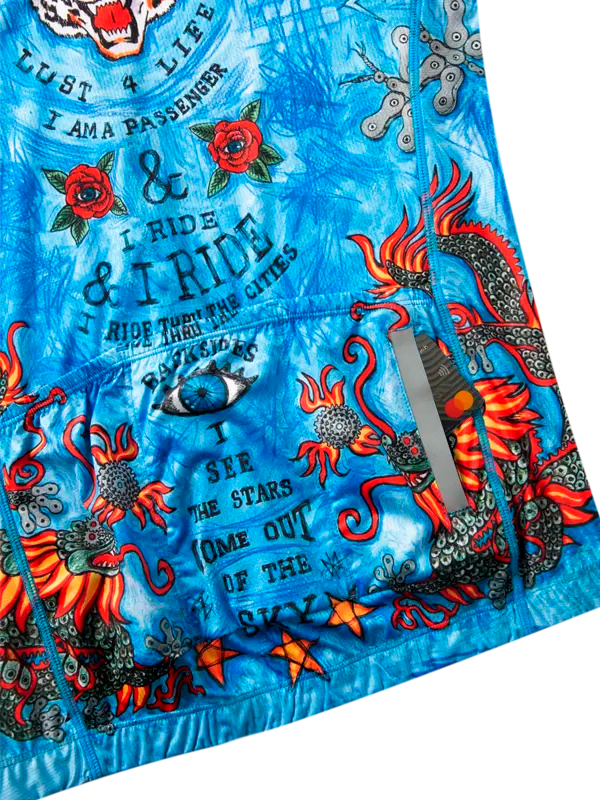 Men's Short Sleeve Cycling blue jersey with colorful tiger design zip pocket