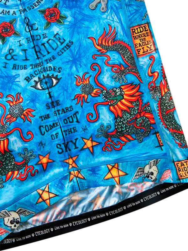 Colorful close up of design with dragons, stars, and text on a blue background