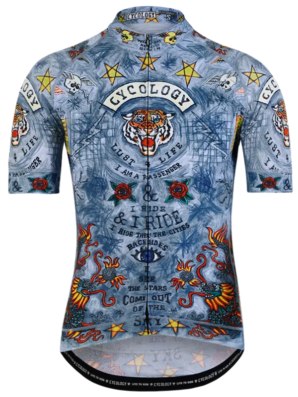 Grey men's cycling jersey with colorful designs and text 