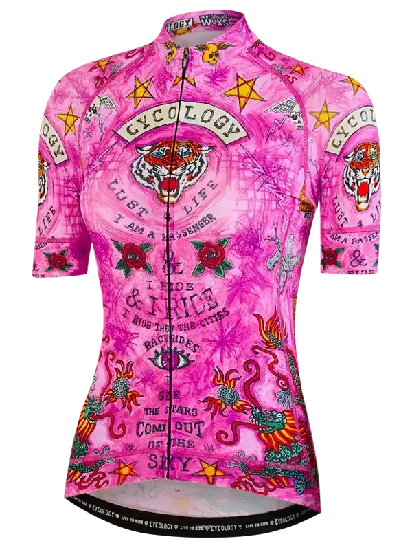 Pink women's cycling jersey with tiger, stars, and roses design, short sleeves, full zip
