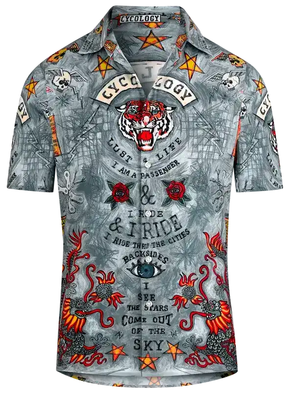 Men's cycling shirt with tiger, skulls, and bold graphics for urban riders