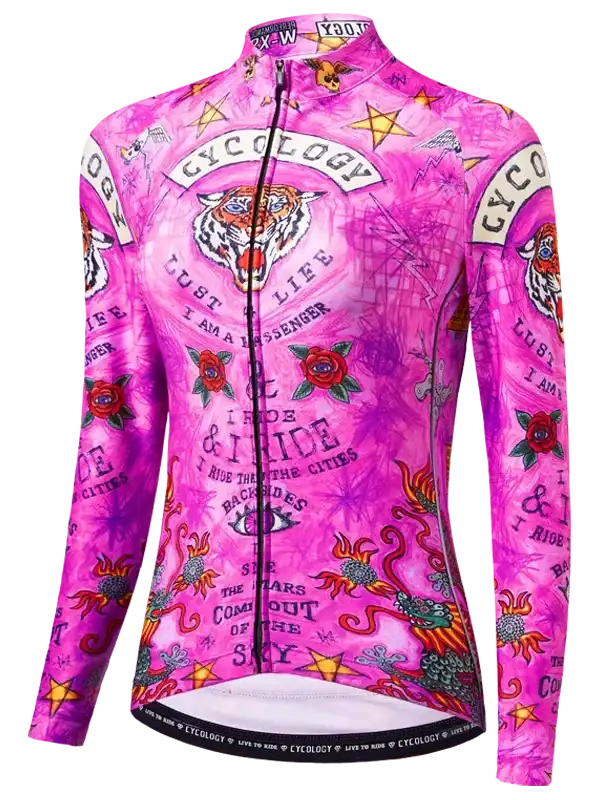 Vibrant pink cycling jersey with tiger, roses, stars, and bold text design for women's road biking
