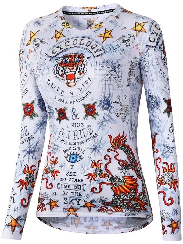 City of Angels White Women's Long Sleeve Mountain Bike Jersey  with colorful graphic design on a white background