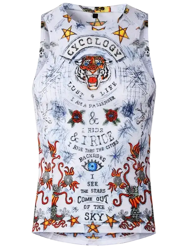Men's sleeveless cycling jersey with tiger graphic, stars, and bold text design for road rides