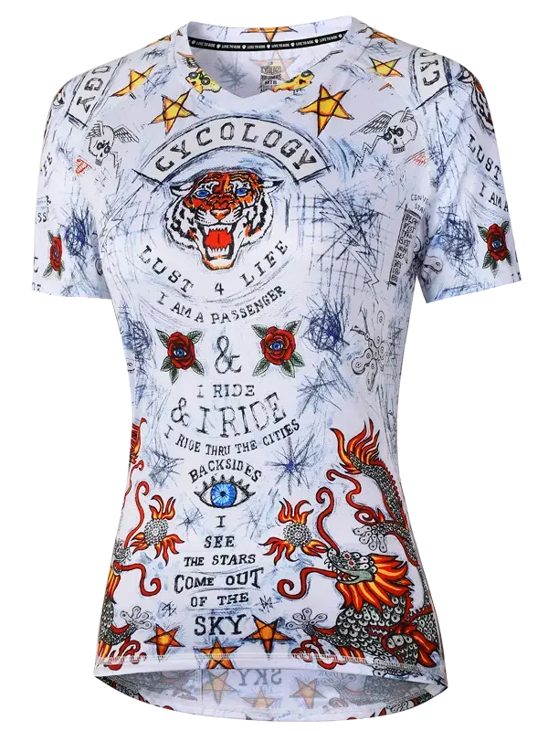 Women's cycling jersey with tiger, dragon, and star print design for road bike rides