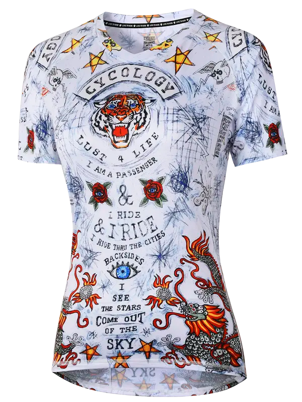 City of Angels White Women's Short Sleeve MTB Jersey Cycology with colorful graphics and text on a white background