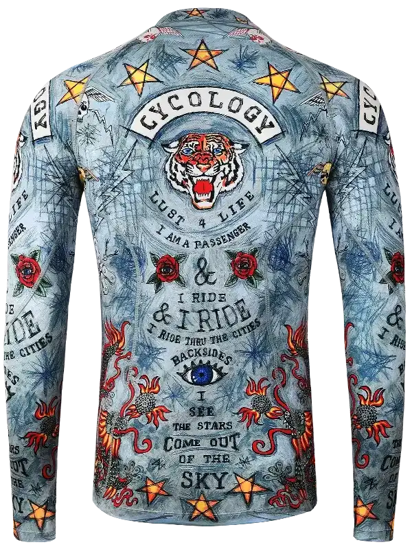 Men's long sleeve cycling jersey with tiger, stars, roses, and bold graphics for urban rides