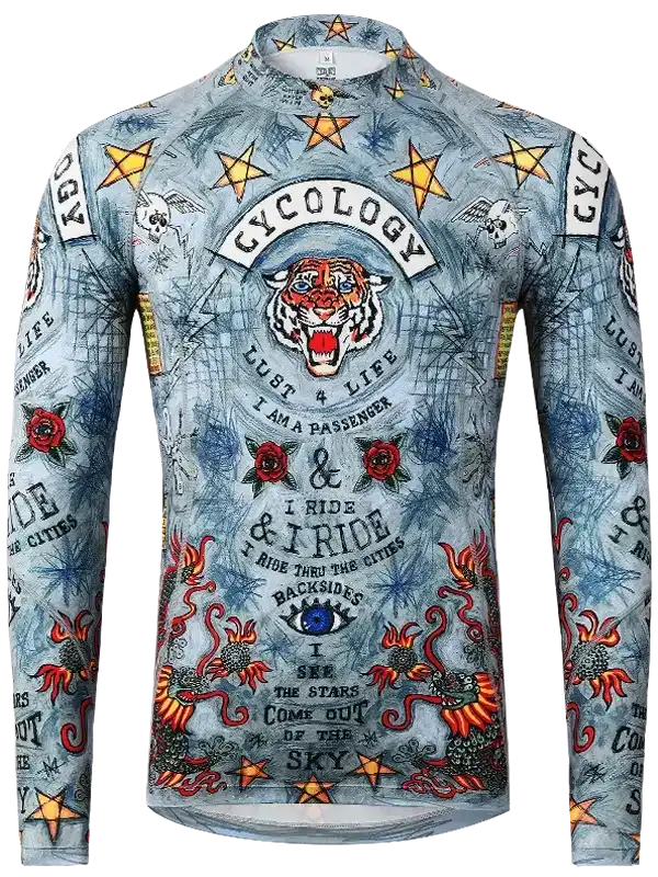 Men's long sleeve cycling jersey with tiger, stars, and roses graphic design for road biking