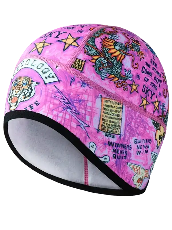Pink cycling skull cap with dragon, tiger, and star tattoo-style print for men and women