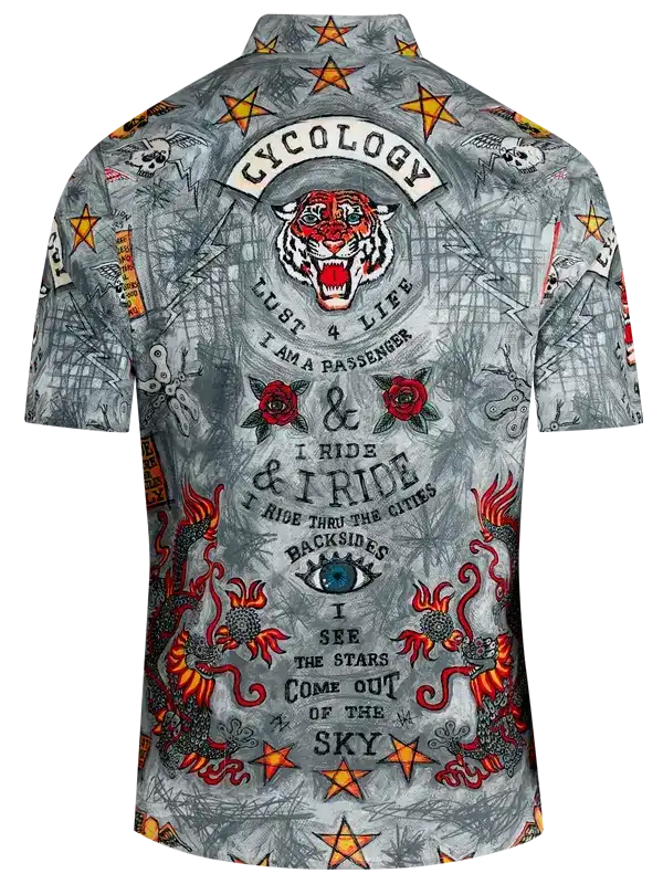 Men's cycling shirt with tiger, stars, and dragon graphics, bold text design for riders