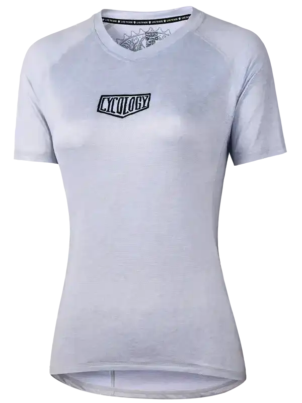 Women's light gray cycling jersey with Cycology logo, breathable fabric, V-neck design for comfort