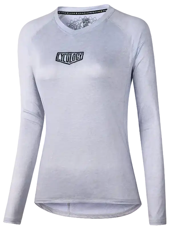 Women's light gray long sleeve cycling jersey with Cycology logo, breathable fabric, V-neck design