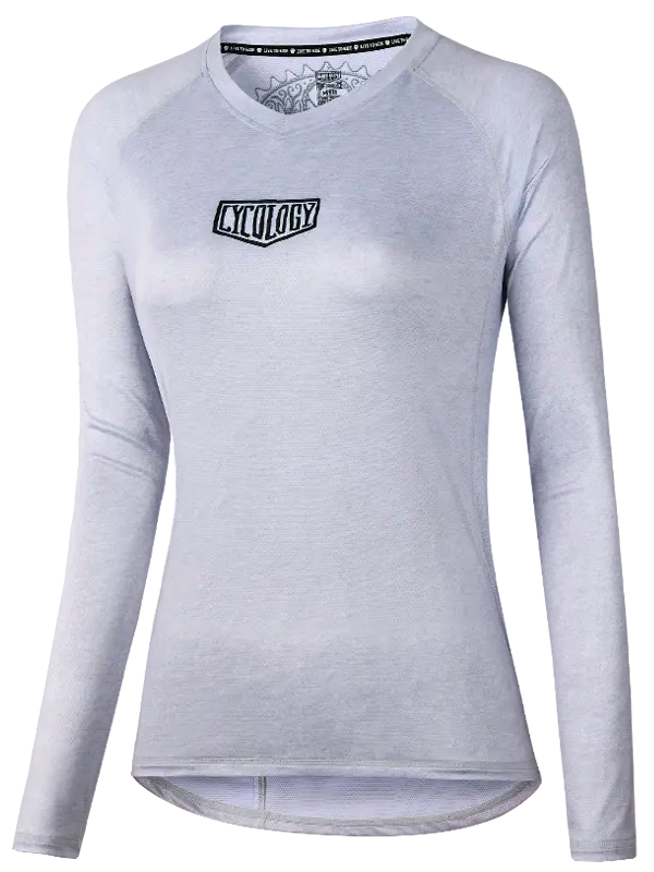 Day of The Shred Grey Women's Long Sleeve MTB Jersey Cycology with a logo on a white background