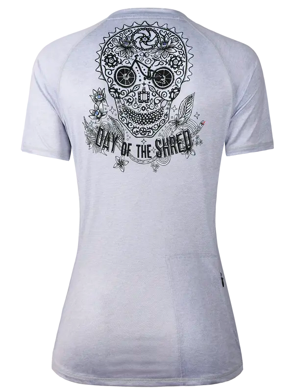 MTB Jersey with black skull design and 'Day of the Shred' text on a  light grey background
