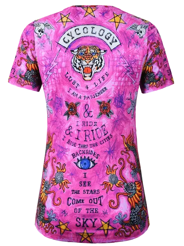Vibrant pink cycling jersey with tiger, stars, and bold graphics for women's bike wear