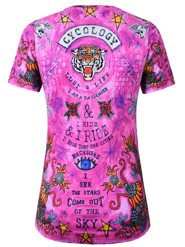 City of Angels Pink Women's Technical T shirt with colorful graphics and text 