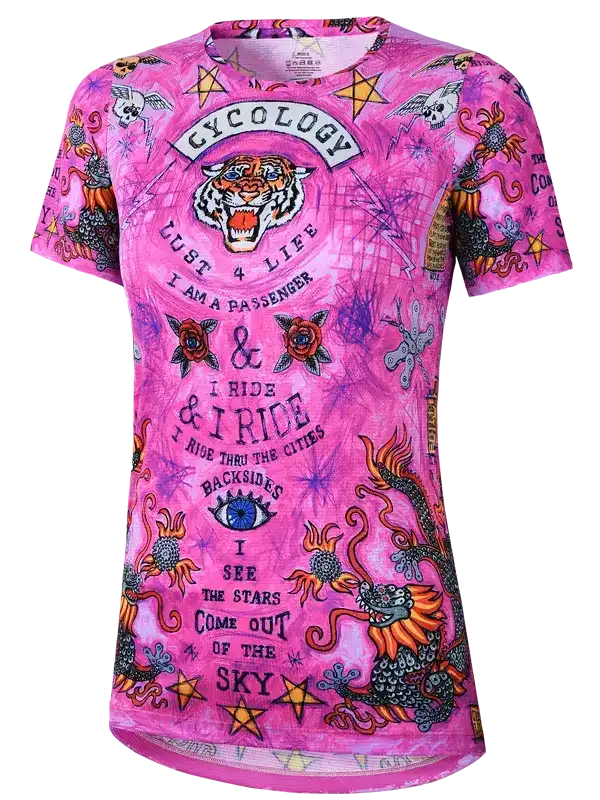 Pink cycling jersey with tiger, dragon, and star print, bold graphic design for women's bike wear