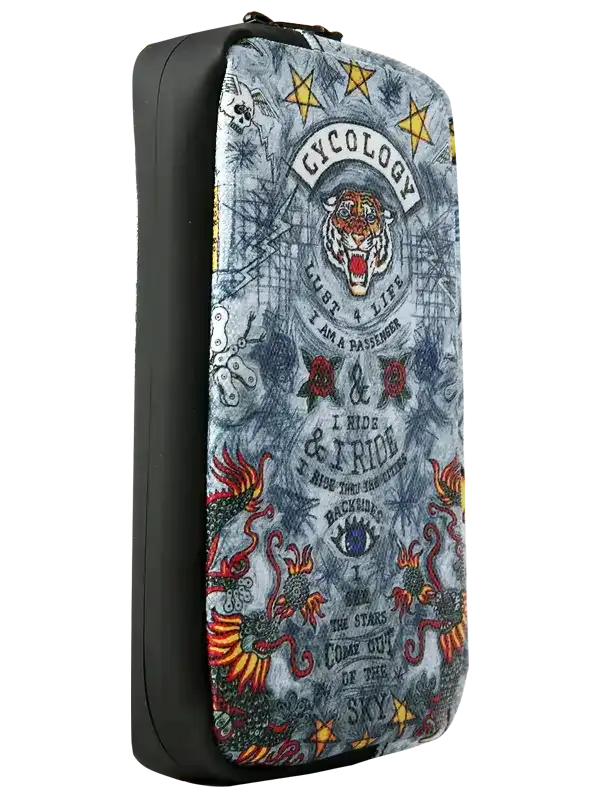Cycology branded cycling accessory pouch with tiger, stars, and flame designs on gray fabric