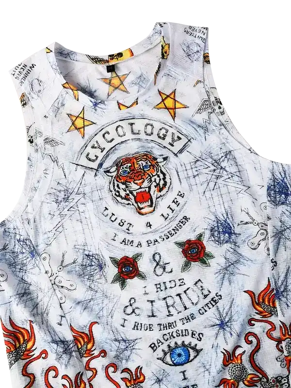 Men's graphic cycling tank top with tiger, stars, roses, and bold typography for urban rides