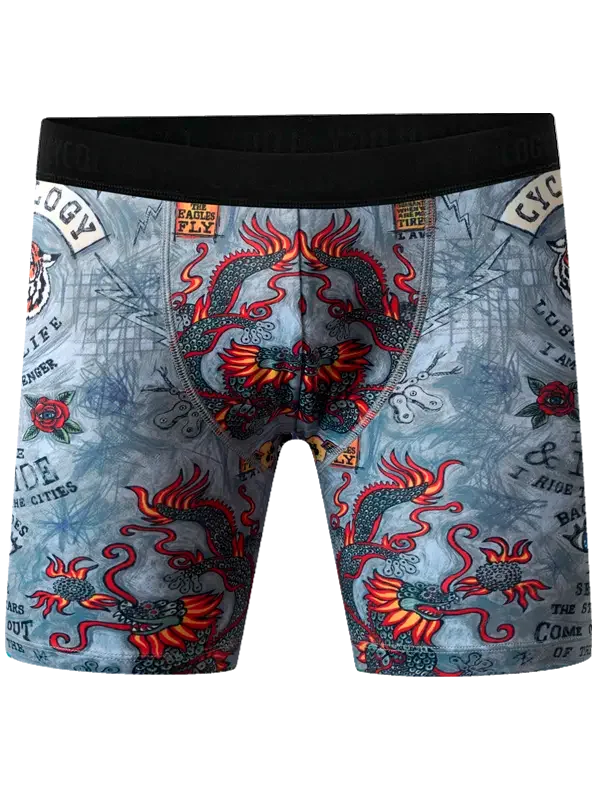 Men's cycling shorts with dragon tattoo print, bold red and black design, performance fabric