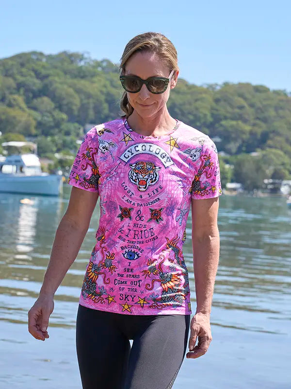Woman wearing City of Angels Pink Women's Technical T shirt 
